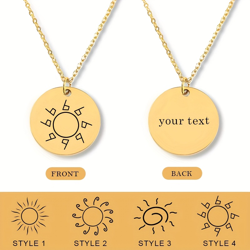 Women's Customized Sun Symbol Necklace, Engraved Text Pendant